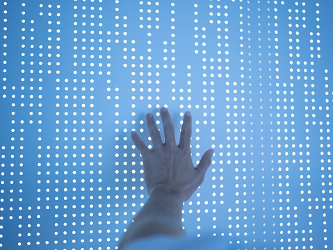 Conceptual image using hand to touch screen
