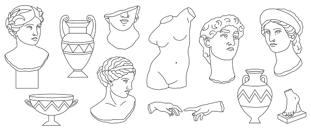 Line art ancient greece sculpture and vases set. Heads of woman, man, hands, foot, vases