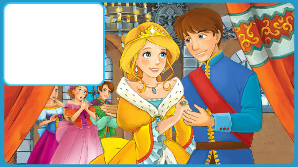 ilustraciones, imágenes clip art, dibujos animados e iconos de stock de escena de dibujos animados con el rey y la princesa felices con el marco para el texto - ilustración para niños - princess castle child family