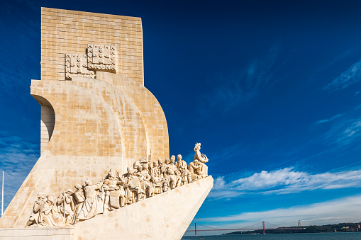 Lisbon, Portugal - November 02, 2022: view of Padrao dos Descobrimentos (Monument to the Discoveries). Located near Tagus River and April 25th Bridge.