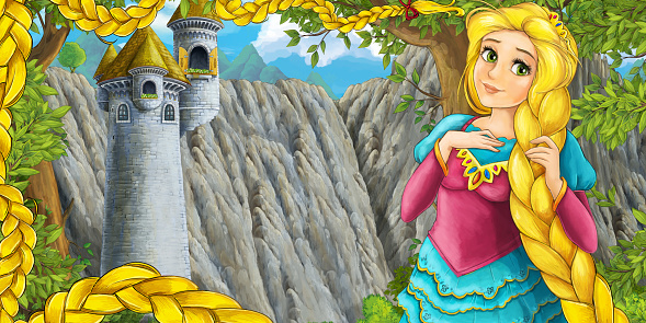 cartoon scene with princess near the castle illustration