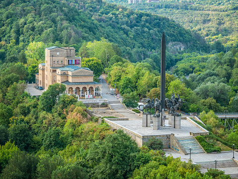 Veliko Tarnovo, Bulgaria - August 2022:View from above with Boris Denev State Art Gallery and Monument to the Assen Dynasty two main tourist attraction in Veliko Tarnovo, Bulgaria