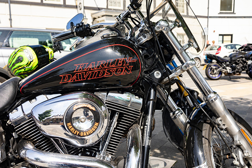 Llangollen Wales united kingdom July 16 2022   Emblem and Engine of a Harley Davidson. Harley Davidson Motorcycles are Known for Their Loyal Following