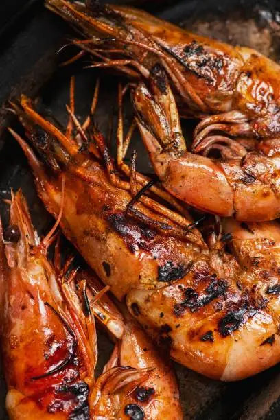 Photo of Shot grilled caridean shrimp on a white plate