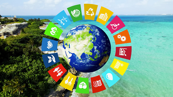 Environmental technology concept. Ocean resources. Sustainable development goals. SDGs. Elements of this image furnished by NASA (url:https://earthobservatory.nasa.gov/blogs/elegantfigures/wp-content/uploads/sites/4/2011/10/land_shallow_topo_2011_8192.jpg)