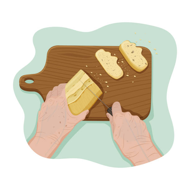 ilustrações, clipart, desenhos animados e ícones de mãos de sénior cortar pão branco com faca. pov - bread white background isolated loaf of bread