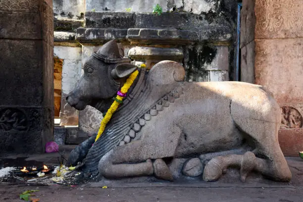 Nandi statue in the Mahakuta temples which were buillt by the early Chalukya kings in Bagalkot district of Karnataka, India