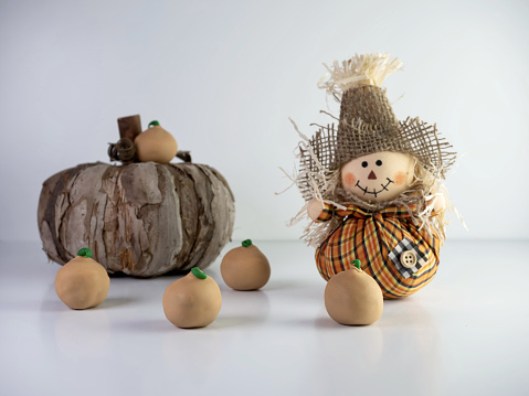 An isolated shot of stale and artificial pumpkins with scary snowman on a white background- concept for Halloween