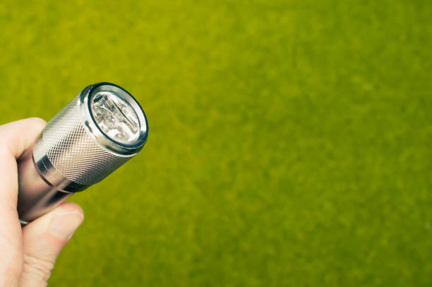 istock Selective focus shot of a hand holding a flashlight with green grass on the background 1464956478