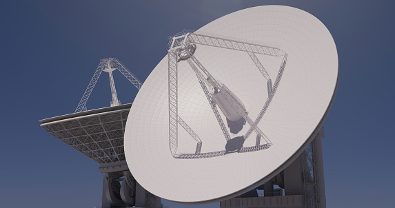 Radio antenna dishes of the radio telescope. Satellite dishes in bright sunlight for the concept of receiving and sending a signal