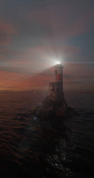 istock Modern seascape with a lighthouse on a tiny island in open waters at night 1464959142