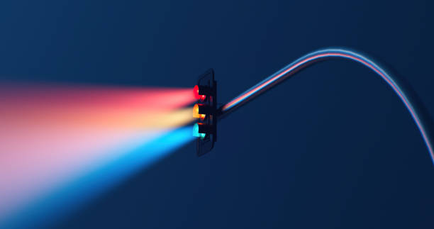 istock Traffic light with a three-color light beam on a blue background for a commercial banner with a copy space 1464960130