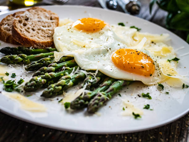 istock Sunny side up eggs with asparagus and parmesan on wooden background 1464960148