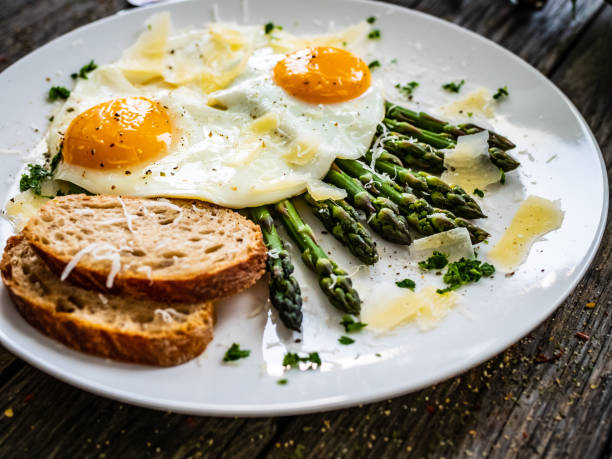istock Sunny side up eggs with asparagus and parmesan on wooden background 1464960215