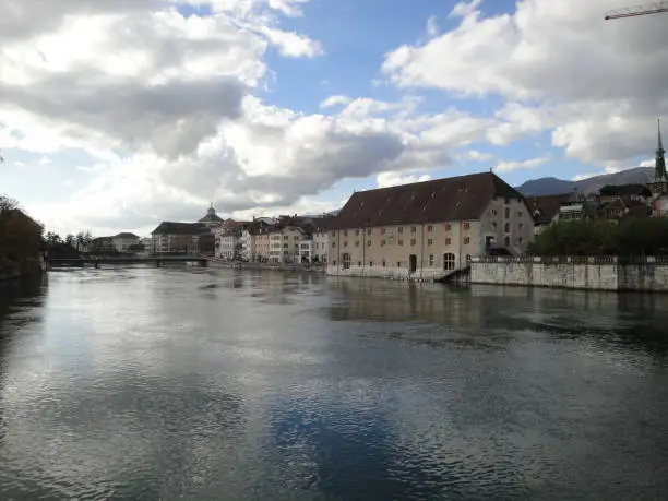 Banks of Aare river in the city of Solothurn in the canton of the same name, Switzerland