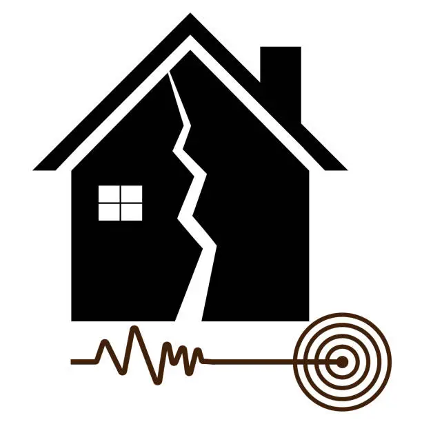 Vector illustration of Earthquake icon. Broken house after earthquake. crushed building flat. natural disaster icon and Cataclysm infographics. Richter earthquake magnitude scales, cracked home Collapsed destroyed building.
