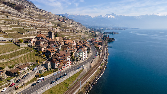 Aerial view of the waterfront Saint-Saphorin village with rural buildings in Lavaux, Switzerland