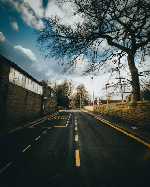 istock Vertical shot of a road, a building, and trees on a cloudy day 1464961471