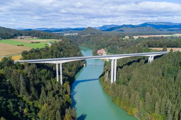 Aerial view of the Jauntal road bridge over the river Drau in Carinthia in Austria