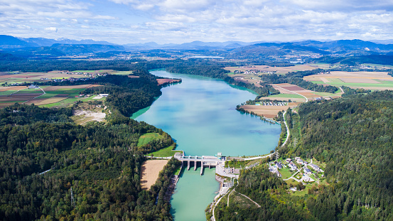 Aerial view of the water power plant Endling at the river Drau in Carinthia in Austria