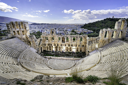 Herodion theater in the ruins of Acropolis overlooking Athens, Greece.