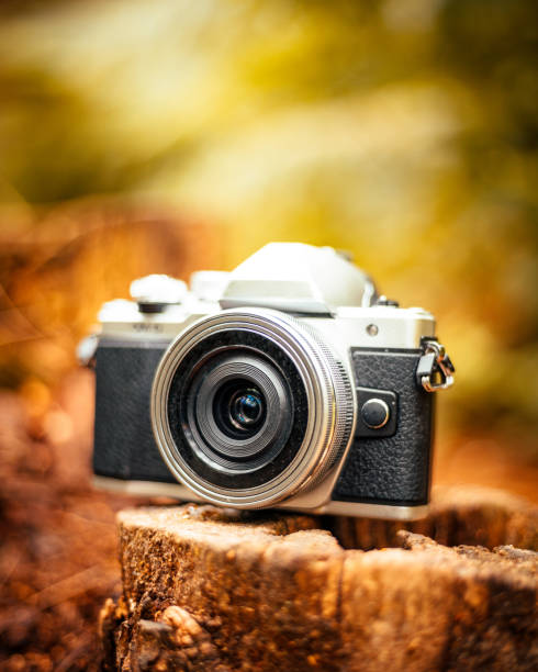istock Soft focus of a camera on a log - photography concept 1464971503
