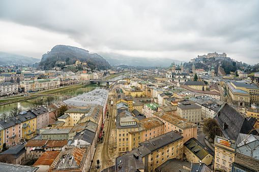 A beautiful aerial view on rooftops of Salzburg city on a cloudy day, Austria