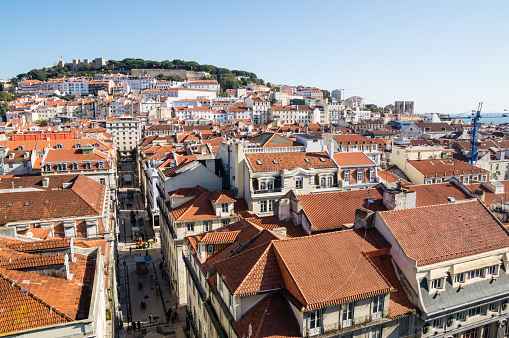 A top view shot of a street in Lisbon from the lift of Santa Justa, Portugal