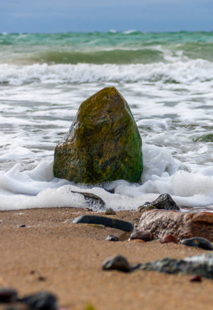 istock Large rock at the beach on a gloomy day 1464974908