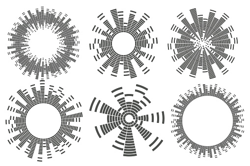 Abstract circular equalizer. Round audio eq soundwaves. Graphic abstract frame. Vector set.