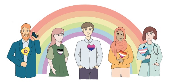 People of different sexual orientations. LGBTQIA plus community, love, intersex, asexual, bisexual, lesbian, transgender, flag, hearts, businessman, boy, doctor, girl in hijab. Vector illustration