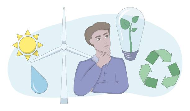 istock Ecology. Thinking man. Wind mill, waterdrop, clear water, solar energy, sun, light bulb with a sprout inside, green recycle arrows, save the planet, environment. Vector illustration 1464977599