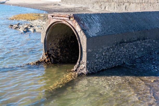 tubería de aguas pluviales de hormigón en la orilla del mar - water retention fotografías e imágenes de stock