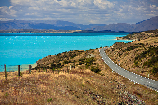 Scenic road along Lake Pukaki in New Zealands South Island