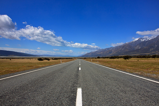 Scenic road along Lake Pukaki in New Zealands South Island.