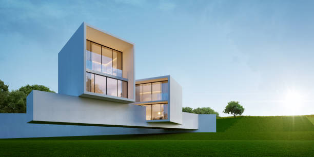 istock Modern architecture boxes house with lawn grass and blue sky.3d rendering 1464981218