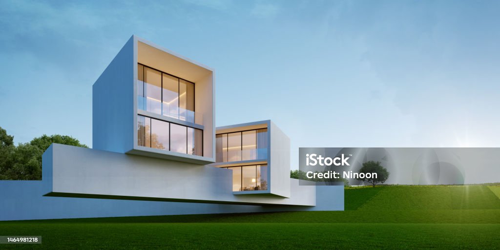 Box House Example Modern Modern Architecture Boxes House With Lawn Grass And Blue Sky3d ...