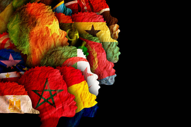 istock Different cultures in african society concept. Diverse group of multiethnic multicultural woman silhouette with african flag. 1464981611