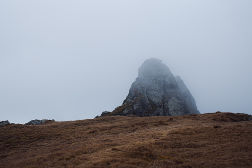 A closeup shot of a mist-clad rocky formation