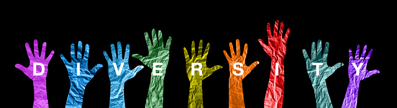 Diversity concept. Diverse group of multiethnic multicultural people hands silhouette.