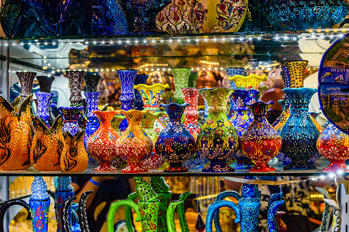 Many colorful souvenirs for sale at bazaar in Turkey