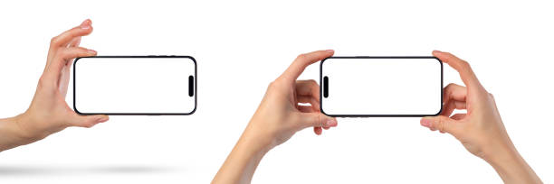 istock Phone in hand, set. Modern, new phone in hand isolated on white background from different angles. Mockup set, smartphones in hands from different sides to be inserted into the project 1464989728