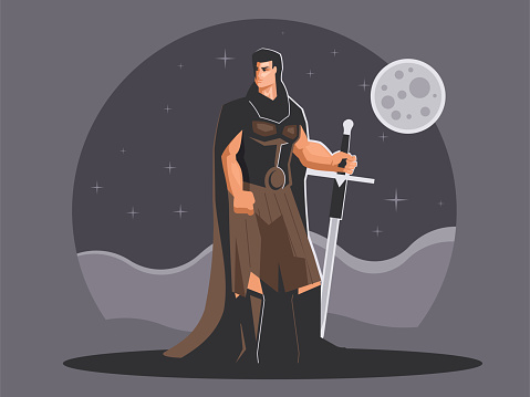 Highlander with sword. Scottish warrior standing against the background of the moon. Vector graphics
