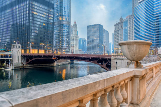 Riverbank and State Street Bridge of Chicago Downtown stock photo