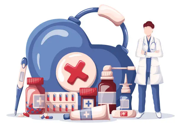 Vector illustration of The Doctor, first aid kit and different medicaments. Medicine, pharmacy and healthcare concept.