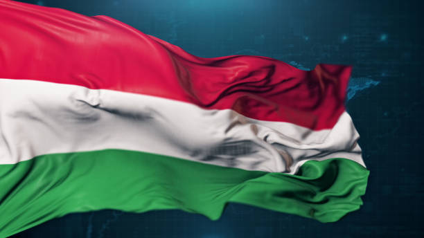 bandierina dell'ungheria su priorità bassa blu scuro - hungarian flag foto e immagini stock