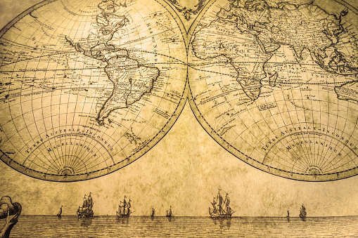 Old vintage geography map. Pirate and nautical theme grunge background.