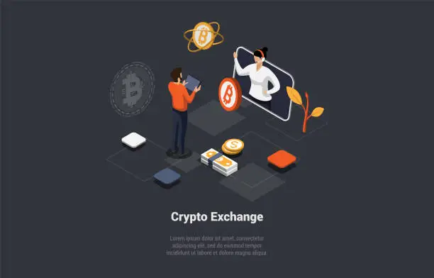 Vector illustration of Blockchain Technology, Bitcoin, Altcoins And Trade By Cryptocurrency. Male Character Buy And Sell Crypto Under The Guidance of Coach With Risk Management Strategy. Isometric 3d Vector Illustration