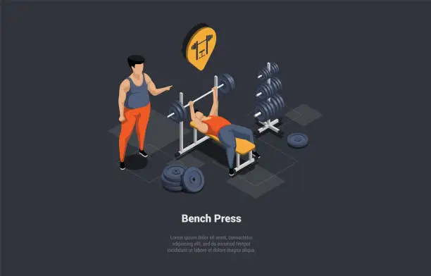 Vector illustration of Cancept Of Sports Activity And Physical Exercises. Characters On Apparatus With Barbell Training Use Bench Press. Fitness Workout With Barbells And Personal Coach. Isometric 3d Vector Illustration