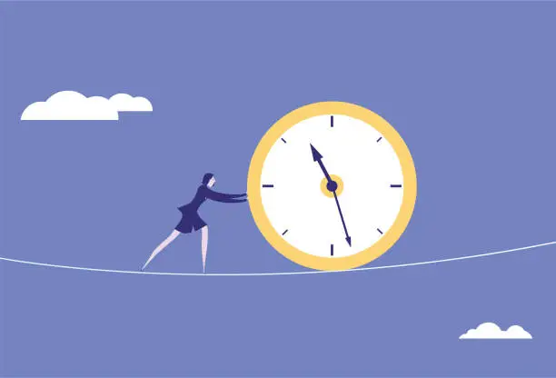 Vector illustration of Business woman pushing time forward on wire rope